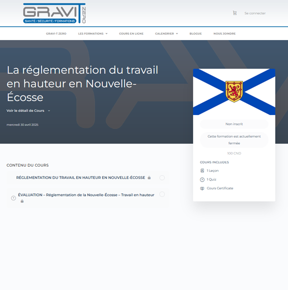Réglementation de la Nouvelle-Écosse - Travail en hauteur - Achat d'accès entreprise